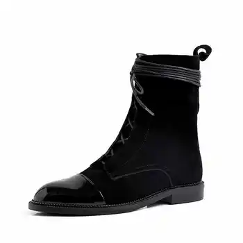 Lenkisen piele naturala Britanic vintage rotund deget de la picior stil liber dantelă sus pantofii cu toc mic negru de iarnă ține de cald femei cizme glezna L37