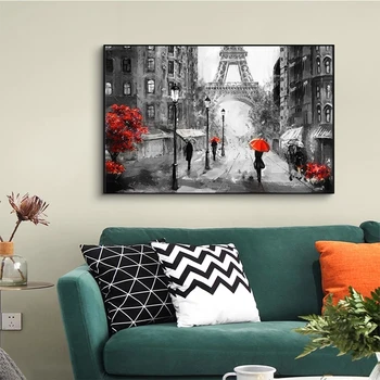 Romantic Oras Pietonal Turnul Eiffel Paris Peisaj Abstract, Pictura in Ulei pe Panza Poster de Imprimare Poza Perete pentru Camera de zi