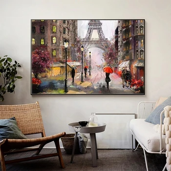 Romantic Oras Pietonal Turnul Eiffel Paris Peisaj Abstract, Pictura in Ulei pe Panza Poster de Imprimare Poza Perete pentru Camera de zi
