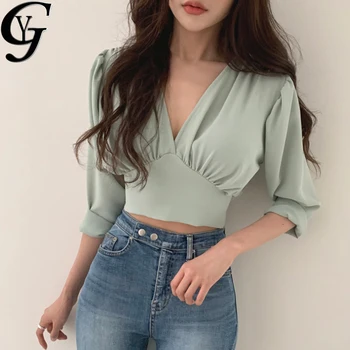 2020 Sexy V-neck Crop Top pentru Femei de Moda coreeană Bandaj Femei Tricouri Bluza Elegant, Solid Skinny Slim Folie Topuri Camisas Mujer
