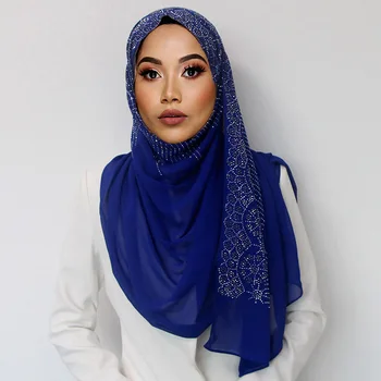2019 Femei diaomd eșarfă formă de undă simplu balon chiffom hijab eșarfă șal șirag de mărgele folie banda Musulmane Hijab