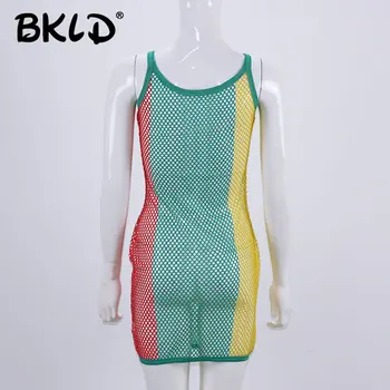 BKLD plase 2019 Femei Sexy Vada Prin Tricou fără Mâneci Bodycon ochiurilor de Plasă Pur Colorate Fishnet Mozaic Lung tancurilor