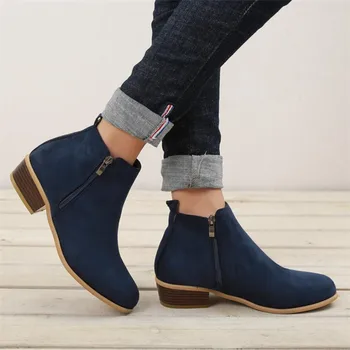 2020 Primăvară Femei Cizme Glezna Pătrat La Mijlocul Toc Zip Pantofii Femeii A Subliniat Toe Pantofi De Sex Feminin Clasic, Albastru Cizme De Toamna Plus Dimensiune 42 43