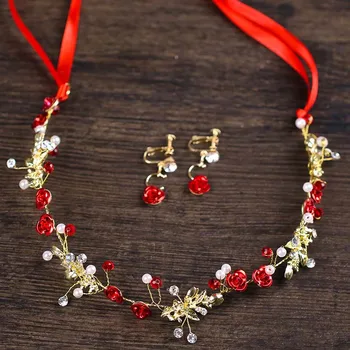 Noua Moda De Culoare Roșie Floare De Cristal, Perle Benzi Panglică Cercel Headpieces Femei Mireasa Noiva Petrecere De Nunta, Seturi De Bijuterii