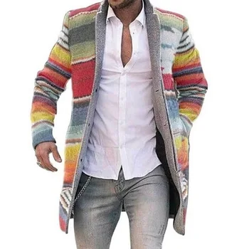 Laamei Bărbați Seven-culoare Imprimate Slim Lungi Singur pieptul Lână Haina de Iarna Streetwear Jacheta Rece Пальто Мужское