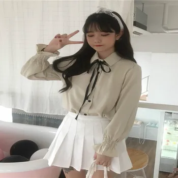 Toamna Noua Femei Drăguț Tricou cu Maneci Lungi, coreeană Japoneză Uniformă Școlară Colegiul Vânt Culoare Solidă Sălbatice Arc Camasa Buton Student