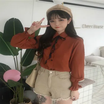 Toamna Noua Femei Drăguț Tricou cu Maneci Lungi, coreeană Japoneză Uniformă Școlară Colegiul Vânt Culoare Solidă Sălbatice Arc Camasa Buton Student
