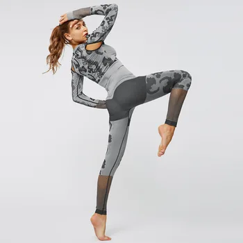 Femei Yoga seturi de Camuflaj camasi cu maneci lungi fără Sudură jambiere Piersic coada antrenament Gol taie respirabil sală de fitness, sport