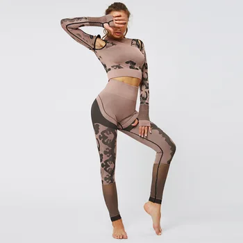 Femei Yoga seturi de Camuflaj camasi cu maneci lungi fără Sudură jambiere Piersic coada antrenament Gol taie respirabil sală de fitness, sport