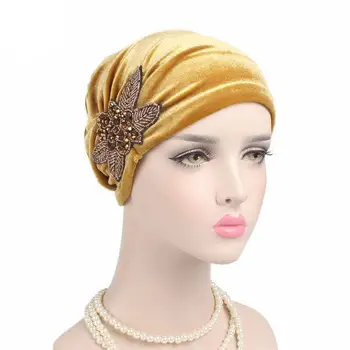 Femeile Musulmane Din India Capac Doamnelor Pălărie De Catifea Beanie Chelioși Turban Chimioterapie Capac Cu Margele Flori Pălării Cancer Pălărie Interior Elegant