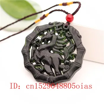 Natural Negru Verde Jad Chinezesc Cal Pandantiv Colier Obsidian Bijuterii Farmec față-verso Gol Sculptat Amuleta Cadouri pentru Femei