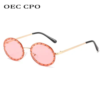 OEC CPO Stras fără ramă Rotund ochelari de Soare Femei de Moda, Cadru Metalic Negru, Roz, Ochelari de Soare Vintage sex Feminin Nuante UV400 O757