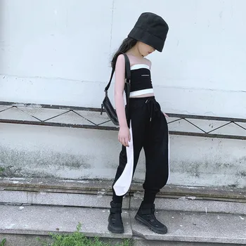 Set De Două Piese Fete Tinute Fara Bretele Tricou + Trackpants Mozaic Alb Negru De Pe Umăr Trening Streetwear Culturilor Sus