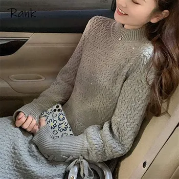 Iarna Tricot O singură Bucată Rochie Casual cu Maneca Lunga Eleganta Rochie Mini de sex Feminin Dantela-up Dulce Birou Pulover Rochie coreeană 2020 Toamna