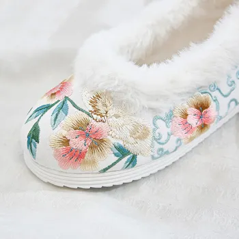 Veowalk Femei De Iarnă, Avertizează Blana Bumbac Plat Platforme Pantofi Doamnelor Confort Panza Apartamente Retro Floare Chineză Pantofi Brodate