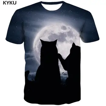 KYKU Animal tricou Barbati Luna Tricou Imprimat Galaxy T-shirt 3d Cat Tricou Maneci Scurte Print Punk Rock Moda Slim Topuri