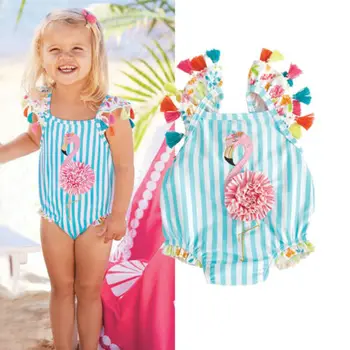 Copii Fete Copii Flamingo Set de Bikini, Costume de baie, costume de Baie Costum Albastru cu Dungi de Costume de baie dintr-O bucata costum de Baie pe Plajă Costum de Baie