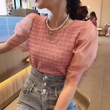 Coreeană Plasă Puff Maneca Mozaic tricouri de Vară 2020 Tricot Stretch Slim Top Teuri de Moda pentru Femei Matase de Gheață O-Neck T Shirt