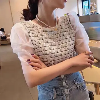 Coreeană Plasă Puff Maneca Mozaic tricouri de Vară 2020 Tricot Stretch Slim Top Teuri de Moda pentru Femei Matase de Gheață O-Neck T Shirt
