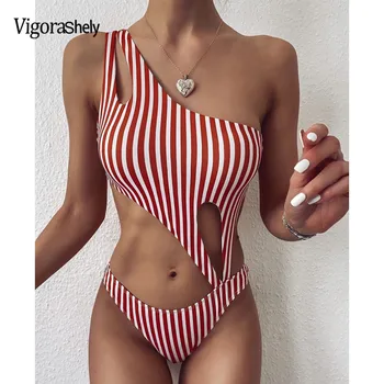 Vigorashely Gol Sexy Costume de baie Femei Brazilian-O singură Bucată de costume de Baie Femei Dungă Monokini 2021 Un umăr Costum de Înot