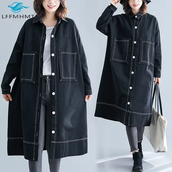 Femei Toamna Iarna Solid de Culoare de Epocă Mozaic Denim Șanț Birou Doamnă 105kg de Mari Dimensiuni Largi Casual Stil coreean Haine Negre