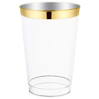 BMBY-100x Aur Pahare de Plastic De 10 Oz Clar Pahare de Plastic, Pahare de Aur cu Ramă Cupe de Lux de Unică folosință Nunta Pahare Elegante de Petrecere Cupe