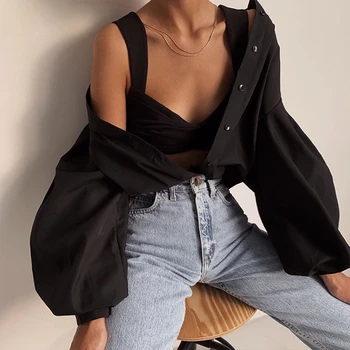 InstaHot Lantern Maneca Camasa Eleganta Alb-Negru Sexy Butonul Bluza Vintage Rândul Său, În Jos Guler Birou Doamnelor Tricou Femei Casual