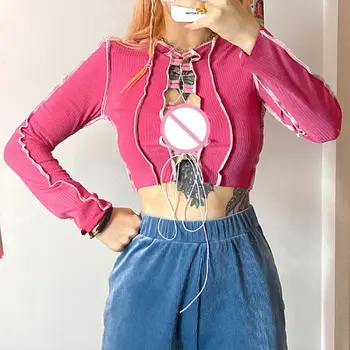 Femei cu Maneci Lungi Gol Fața Crop Top cu Nervuri Tricota Neon Bandaj Subțire T-Shirt M6CD
