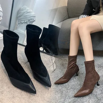2020 Primăvară Nouă Zapatos Mujer De Moda Întinde Cizme Femei Șosete Negre Cizme Tocuri Subtiri Tocuri Ascuțite Toe Pantofi Femei U15-17