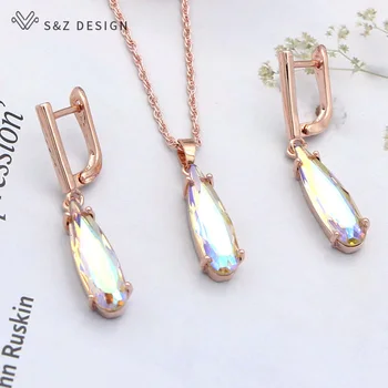 S&Z DESIGN coreea Moda Picătură de Apă de Cristal Bijuterii Set Aur Rose Legăna Cercei de cristal Pandantiv Colier Pentru Femei Bijuterii de Lux