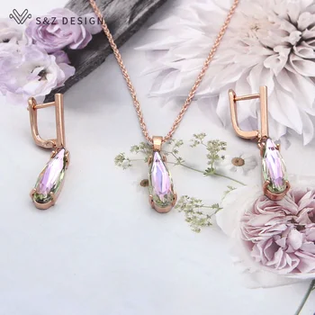 S&Z DESIGN coreea Moda Picătură de Apă de Cristal Bijuterii Set Aur Rose Legăna Cercei de cristal Pandantiv Colier Pentru Femei Bijuterii de Lux