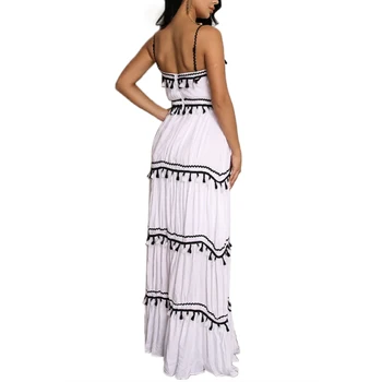 Femei off -- umăr stratificat rochie maxi, spaghete subțiri centura de talie mare ciucure rochie de club rochie petrecere