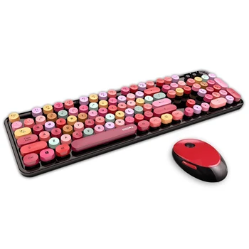 Wireless 2.4 Ghz, Tastatura Și Mouse-Ul Combinatie Retro Rotund Tastelor Tasta Fn Funcția Combinație De Mai Multe Culori Tastatură Drăguț