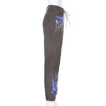 Vintage Largi Picior y2k Blugi Pantaloni pentru Femei Fulger Tipărite de Înaltă Talie Pantaloni Streetwear Bumbac Pantaloni Largi Cuteandpsycho