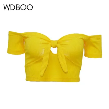 WDBOO Sexy Slash Gât Solide Tub de Top de Vară cu Nervuri Tricota Nod Fața Taie Scurt, Tricou Galben Pe Umăr Crop Top Streetwear