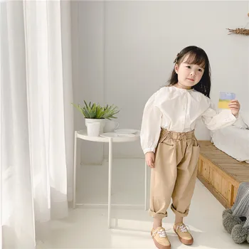 Primăvara stil coreean fete pantaloni 2020 Elastic Zburli Talie cu Centură de culoare Kaki, Pantaloni Largi Pantaloni eleganti copii din bumbac buzunare pantaloni