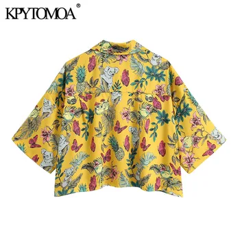 KPYTOMOA Femei 2020 Moda Animal Print Liber Trunchiate Bluze Vintage Maneca Scurta Buton-up Feminin Tricouri Blusas Topuri Chic
