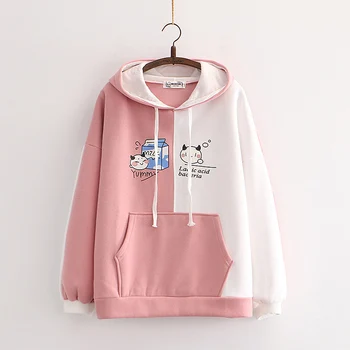 Fleece plus catifea femei hoodies și tricou pisica desen animat de imprimare mozaic drăguț pulover cu gluga pentru dulcele stil drăguț Treninguri