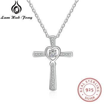 Clasic Argint 925 Inima Cruce Colier Plin de Zirconiu Pavate Pandantiv Coliere pentru Femei Bijuterii Fine (Lam Hub Fong)