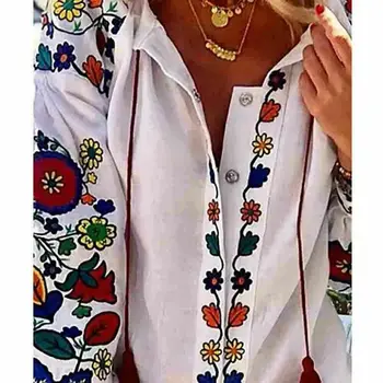 Femei Bluza De Primavara Toamna Casual Floare De Imprimare Lenjerie De Pat Butonul Felinar Lung Maneca Bluza Tunica Caracteristică Națională Purta