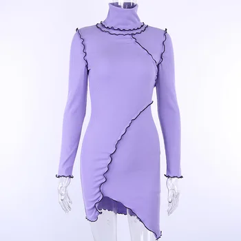 îmbrăcăminte OWLPRINCESS 2019 noua culoare solidă maneca lunga de înaltă gât rochie asimetrica