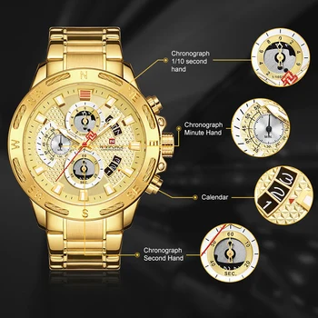NAVIFORCE Brand de Lux Mens Sport Ceasuri de Aur Plin de Oțel Cuarț Ceas pentru Bărbați Dată pe Săptămână Impermeabil Ceas Militar Relogio Masculino