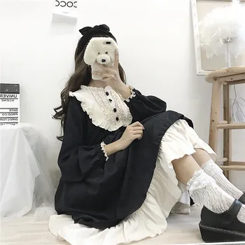 Stil japonez În 2020 Toamna pentru Femei Rochii O-Gât Talie Mare Slăbire Contrast-Culoare Ciufulit Dulce Lolita Rochie Kawaii Îmbrăcăminte