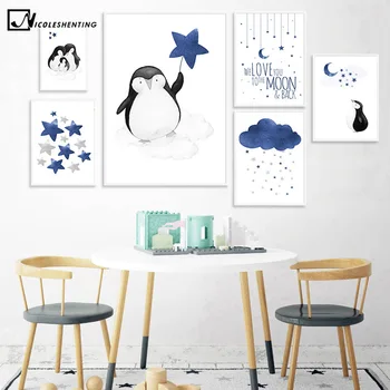 Baby Animal Pinguin Familie Nurser de Postere și de Imprimare de Desene animate Arta de Perete Panza Pictura Nordică Copil Băiat Dormitor de Decorare Imagine