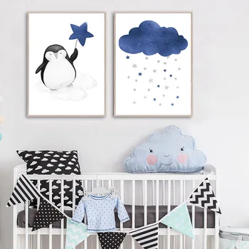 Baby Animal Pinguin Familie Nurser de Postere și de Imprimare de Desene animate Arta de Perete Panza Pictura Nordică Copil Băiat Dormitor de Decorare Imagine