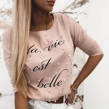 Toamna Cu Maneci Lungi Femei Tricou Bluza Elegant, De Moda, O-Neck Tricou Femei Blusa Casual Ștrasuri Din Mărgele Scrisoare De Imprimare Kawaii Topuri Pulover