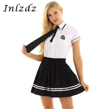 Femei Fete Uniformă Școlară Costum cu Maneci Scurte T-shirt de Sus Scoala Fuste cu Insigna si Cravata Set de Liceu Cosplay Îmbrăcăminte