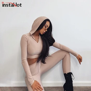 InstaHot Femei de Moda Skinny Două Bucata Set Hanorace și de Produs Solid Sexy Croppped Sus Toamnă Fitness Tinuta Casual pentru Femei Set