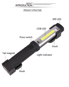 Magnetic Lanterna LED-uri COB+LED Lumina de Lucru USB Reîncărcabilă lanterna Lanterna de Reparații de Lumină Lampă cu Cârlig Lanterna Portabil