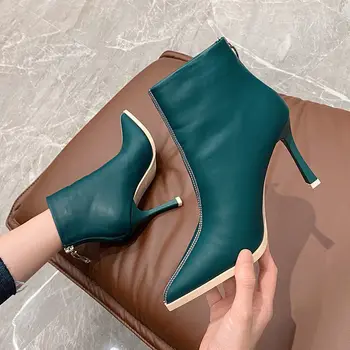 2020 Moda INS Cizme Scurte Femei cu Toc Glezna Cizme pentru Femei Pantofi de Toamnă a Subliniat toe Femeie Încălțăminte Spate cu Fermoar Negru Verde